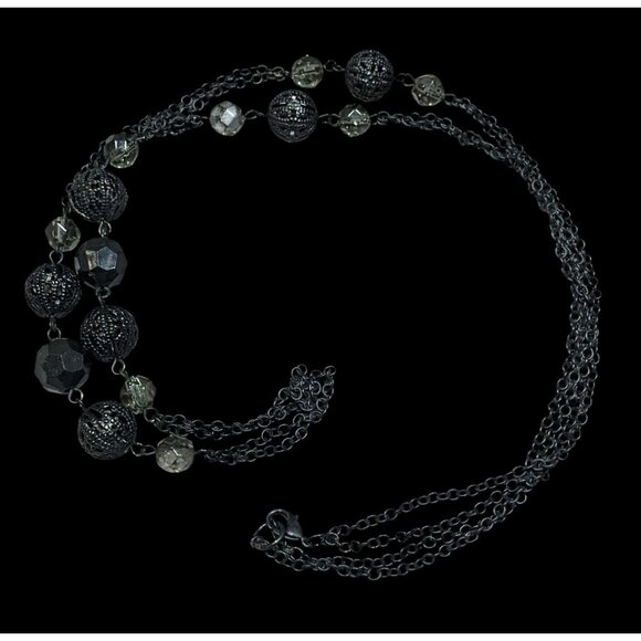 Gothic Matte Black Beaded Chain Station Necklace - Picture 2 of 5